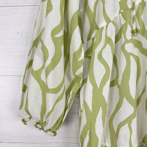 Zara Printed Babydoll Dress S Green Balloon Sleeves Tiered Mini V Neck Tie Fall - Picture 5 of 15